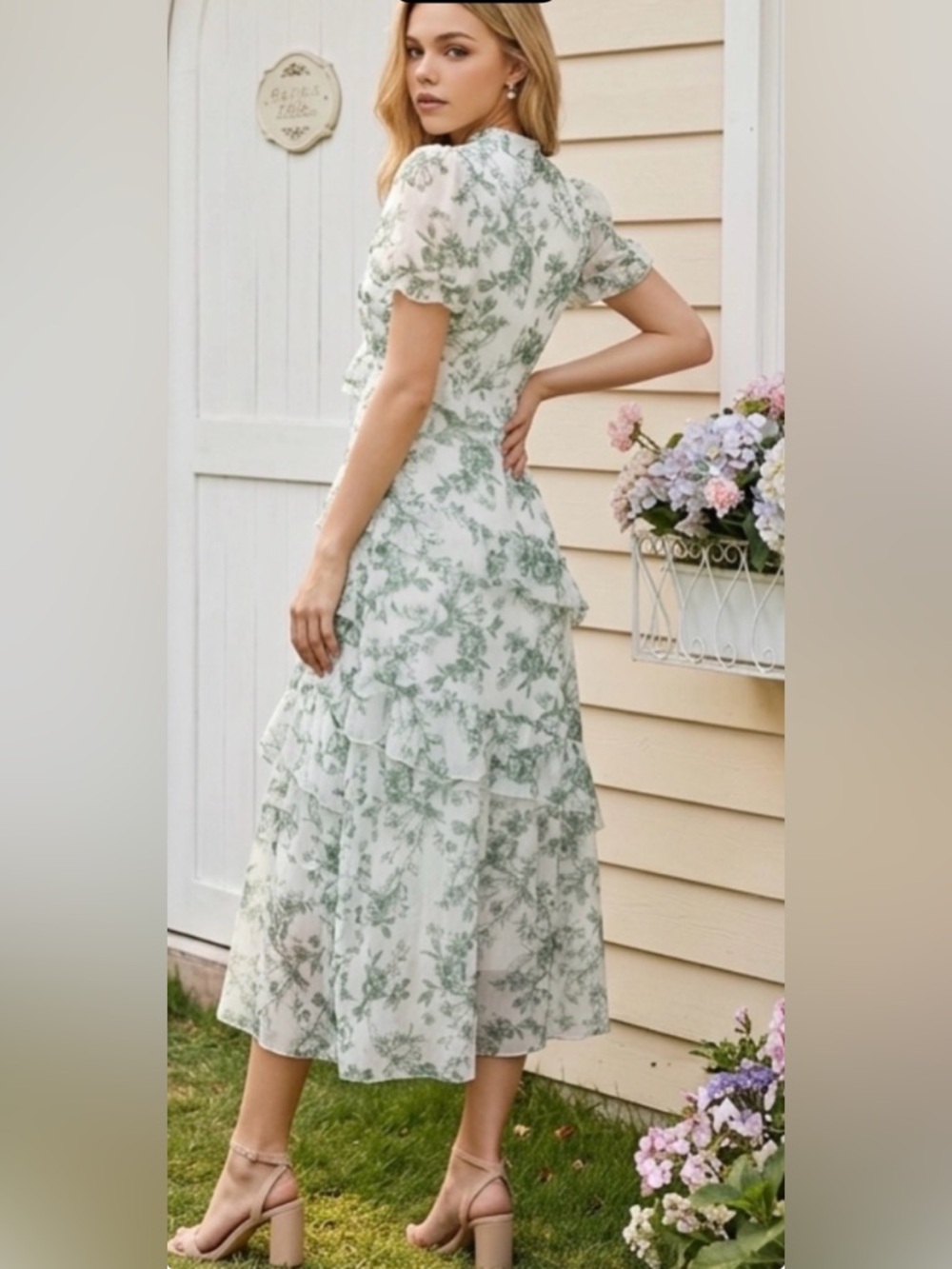 Ember Floral Tiered High-Low Midi Dress - Green - Picture 3 of 7